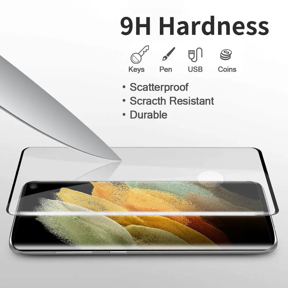Samsung Galaxy S21 Ultra tempered glass screen protector showing full coverage on a curved phone display.