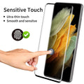 Samsung Galaxy S21 Ultra tempered glass screen protector showing full coverage on a curved phone display.