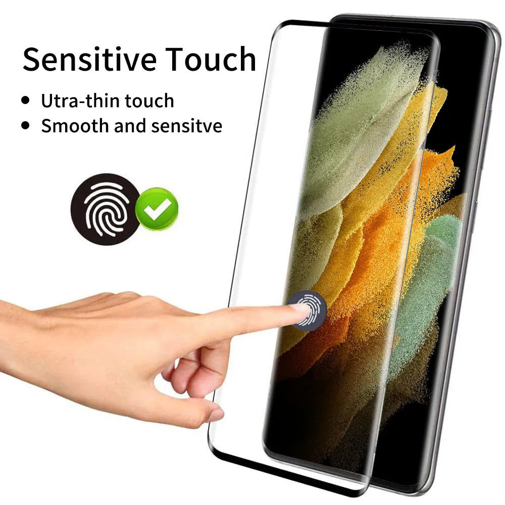 Samsung Galaxy S21 Ultra tempered glass screen protector showing full coverage on a curved phone display.