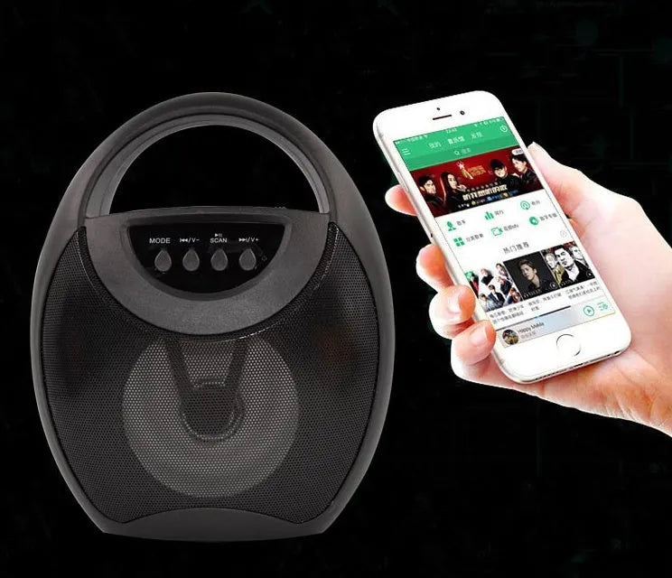 Portable Bluetooth speaker in black, blue, or pink with USB and SD card slots