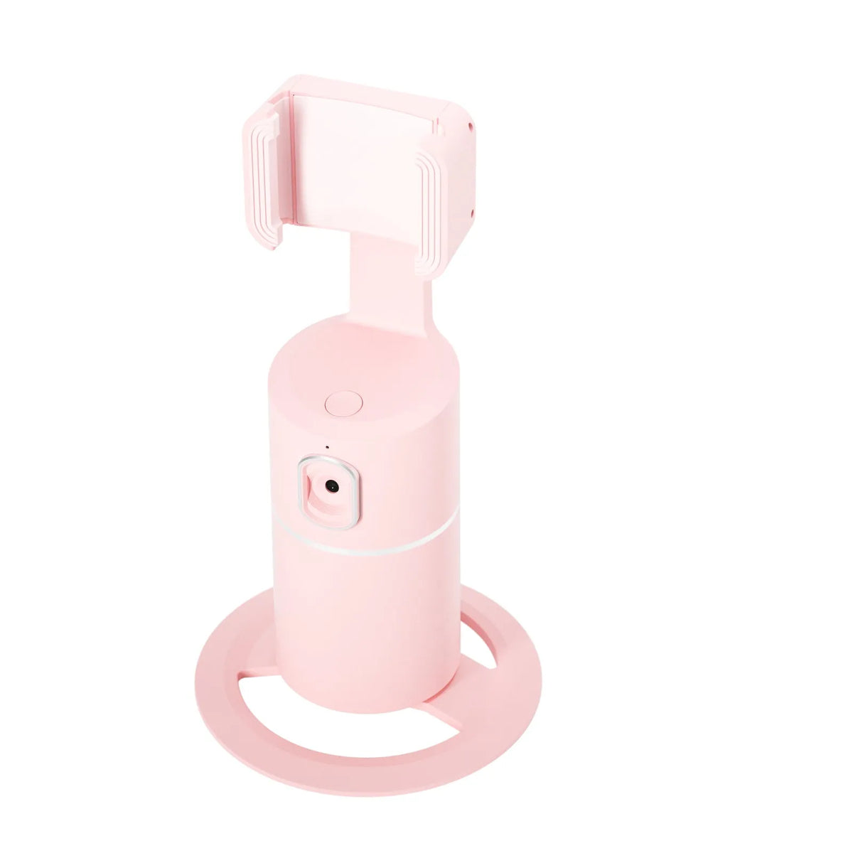 Black smart tracking gimbal stabilizer clipped onto a smartphone showing 360-degree rotation