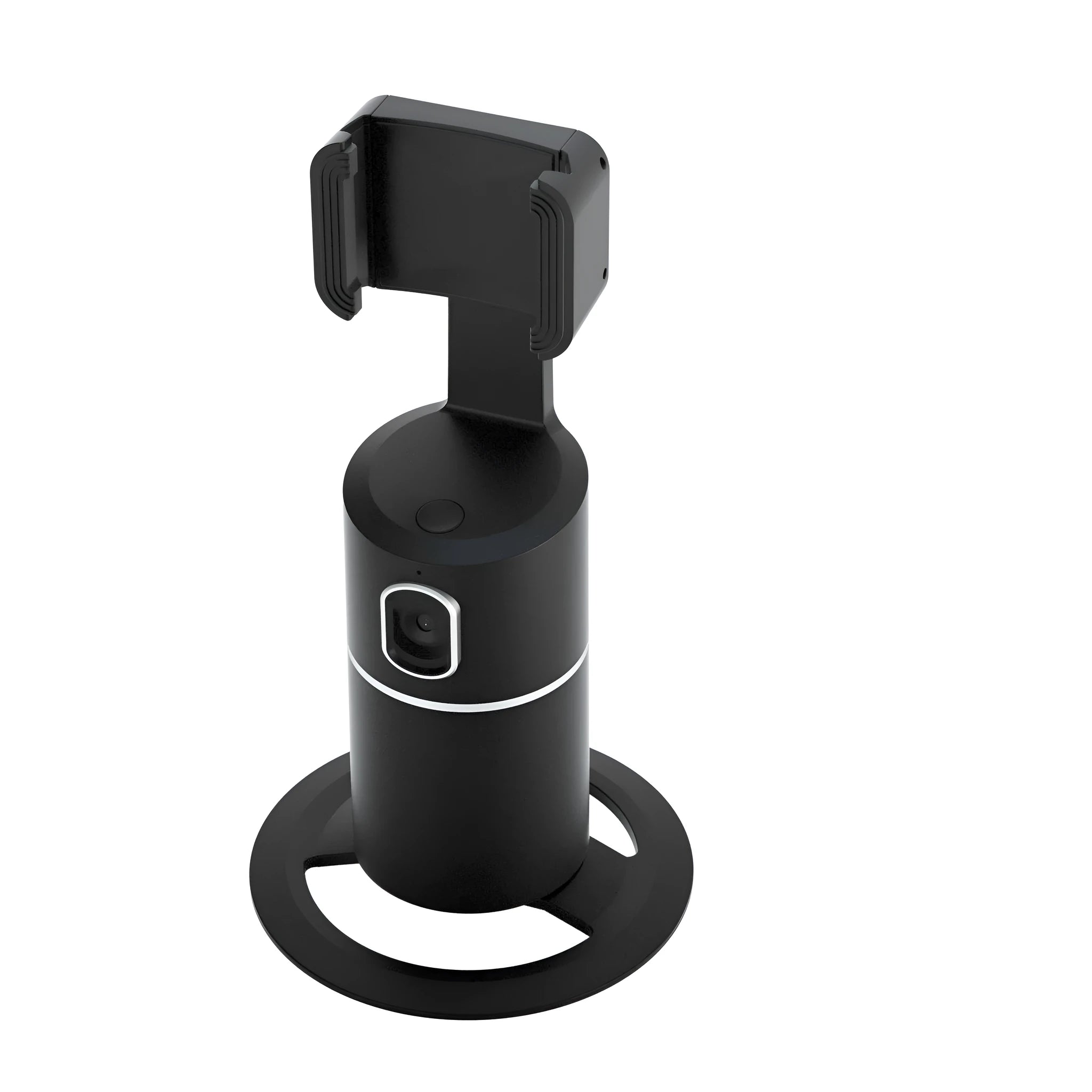 Black smart tracking gimbal stabilizer clipped onto a smartphone showing 360-degree rotation