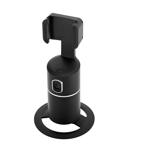 Black smart tracking gimbal stabilizer clipped onto a smartphone showing 360-degree rotation