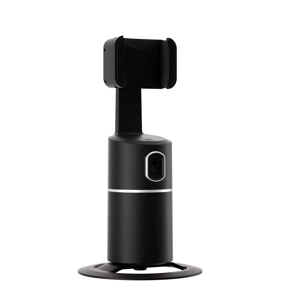 Black smart tracking gimbal stabilizer clipped onto a smartphone showing 360-degree rotation