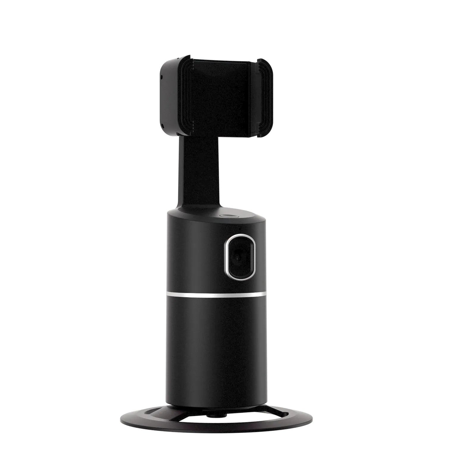 Black smart tracking gimbal stabilizer clipped onto a smartphone showing 360-degree rotation