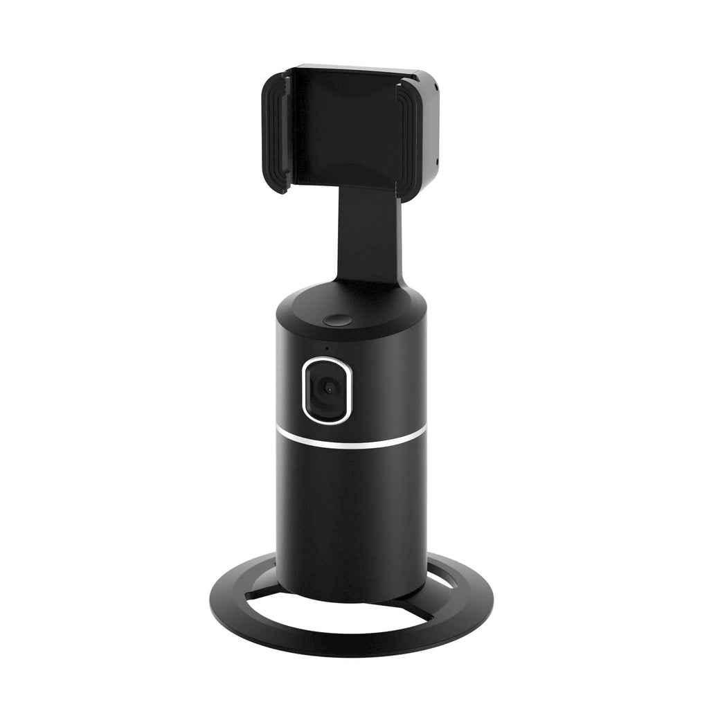 Black smart tracking gimbal stabilizer clipped onto a smartphone showing 360-degree rotation