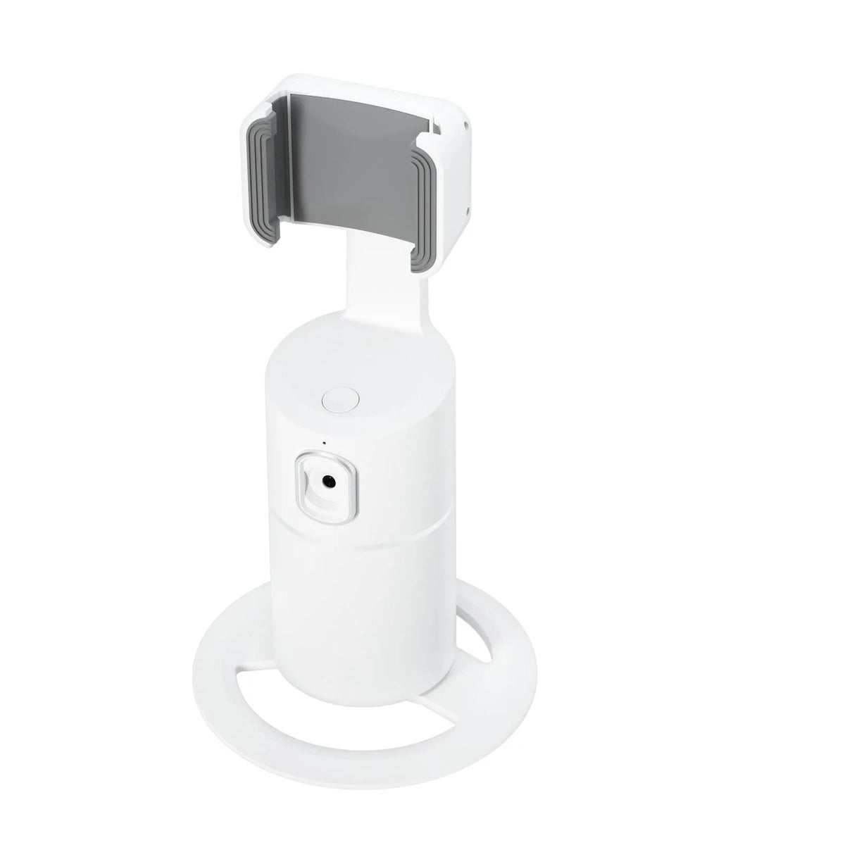 Black smart tracking gimbal stabilizer clipped onto a smartphone showing 360-degree rotation