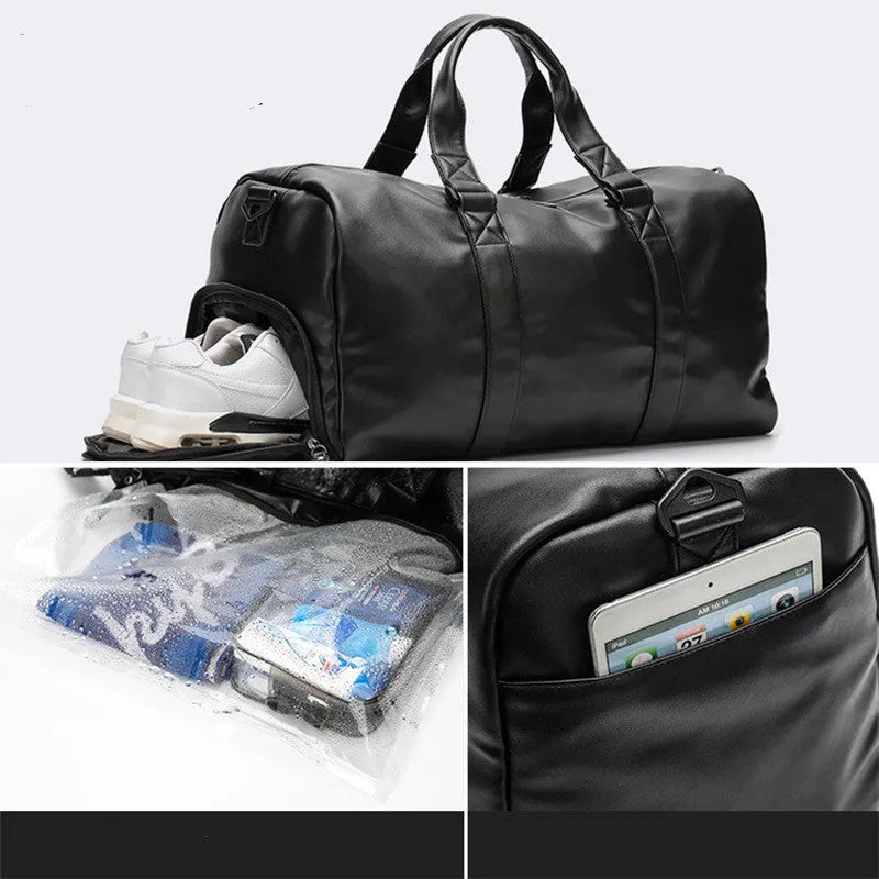 Large black PU leather sports training bag showing multiple internal organiser pockets and a single shoulder strap.
