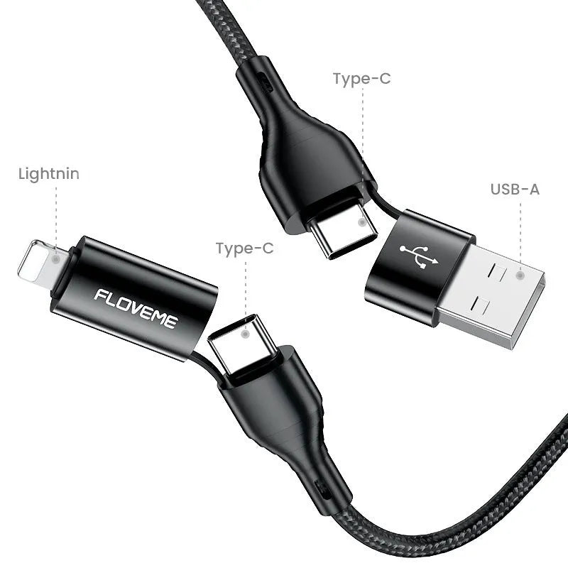 Black braided nylon 4-in-1 data cable showing USB-A, USB-C, and Lightning connectors