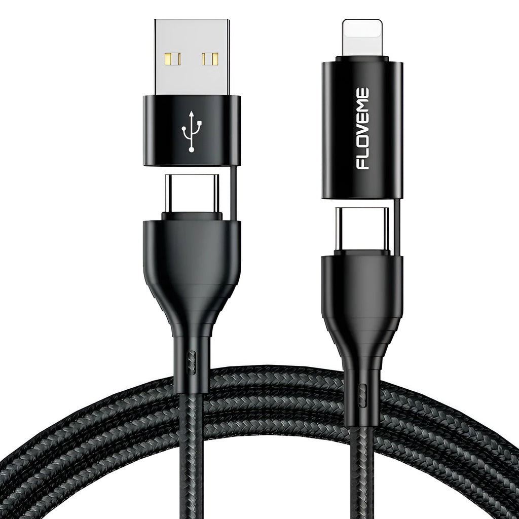 Black braided nylon 4-in-1 data cable showing USB-A, USB-C, and Lightning connectors