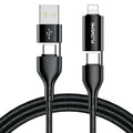 Black braided nylon 4-in-1 data cable showing USB-A, USB-C, and Lightning connectors