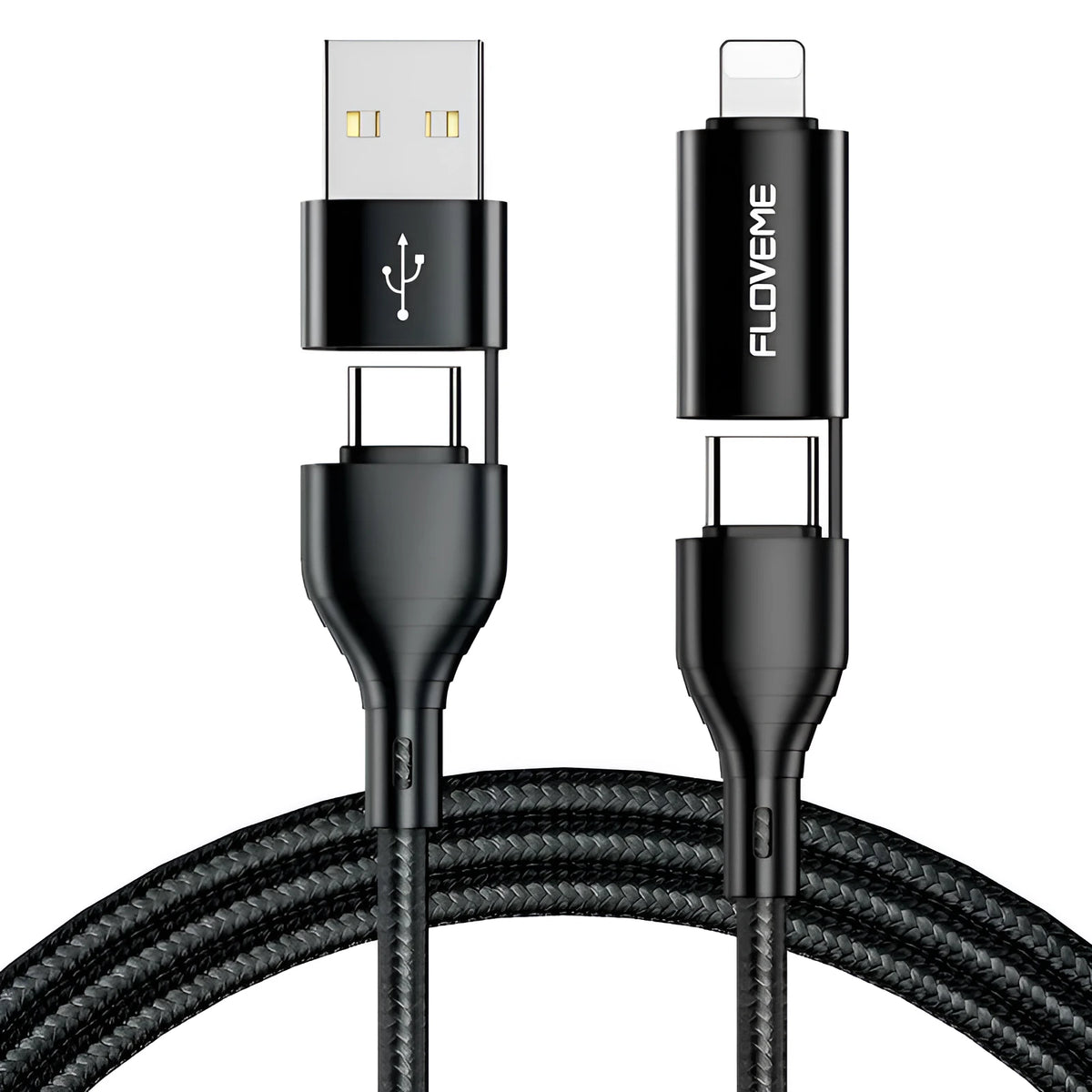 Black braided nylon 4-in-1 data cable showing USB-A, USB-C, and Lightning connectors
