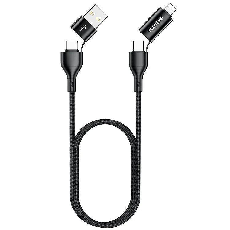 Black braided nylon 4-in-1 data cable showing USB-A, USB-C, and Lightning connectors