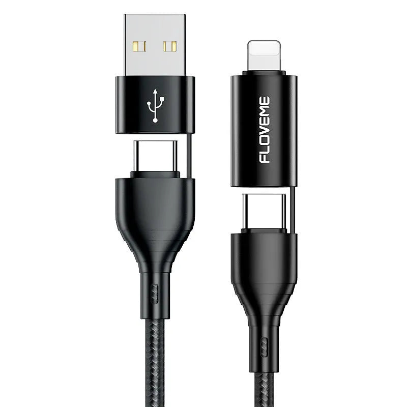 Black braided nylon 4-in-1 data cable showing USB-A, USB-C, and Lightning connectors