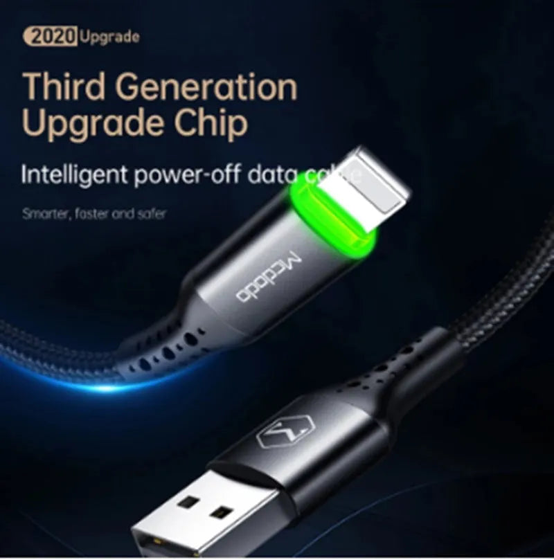 Black Apple-compatible Lightning charging cable with LED indicator lights, shown in 1.2m and 1.8m lengths.