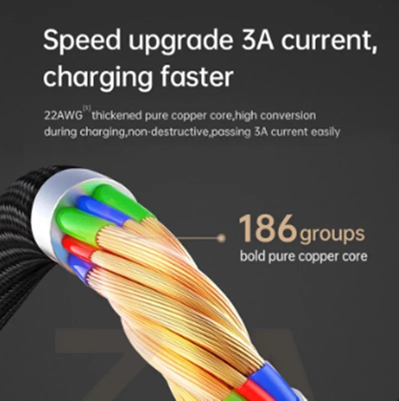 Black Apple-compatible Lightning charging cable with LED indicator lights, shown in 1.2m and 1.8m lengths.