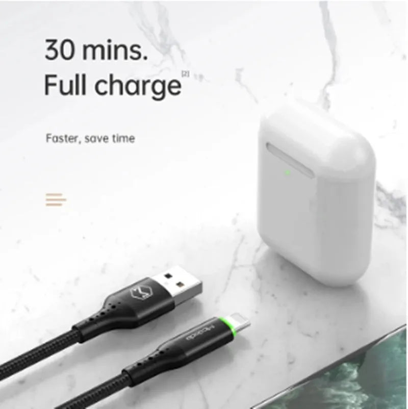 Black Apple-compatible Lightning charging cable with LED indicator lights, shown in 1.2m and 1.8m lengths.