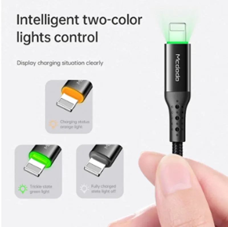 Black Apple-compatible Lightning charging cable with LED indicator lights, shown in 1.2m and 1.8m lengths.