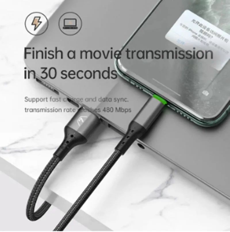 Black Apple-compatible Lightning charging cable with LED indicator lights, shown in 1.2m and 1.8m lengths.
