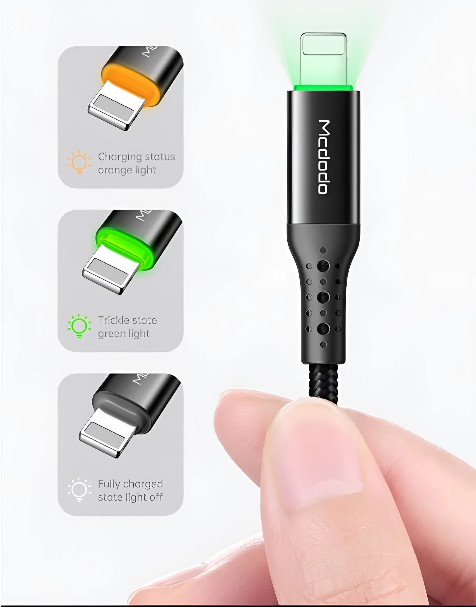 Black Apple-compatible Lightning charging cable with LED indicator lights, shown in 1.2m and 1.8m lengths.