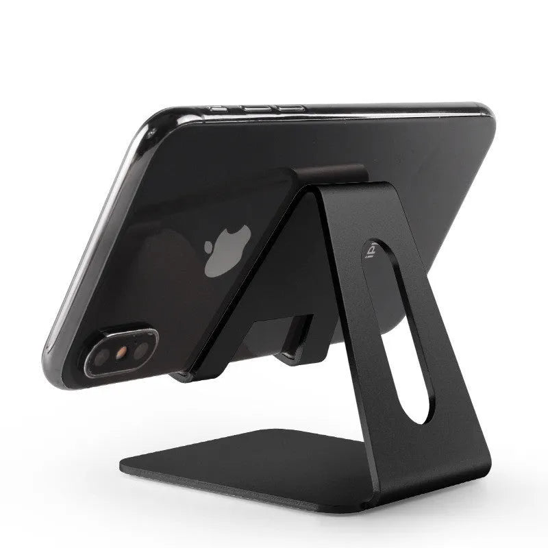Adjustable metal desktop mobile phone holder in black with oxidation paint finish, compatible with iPhone and all phone brands