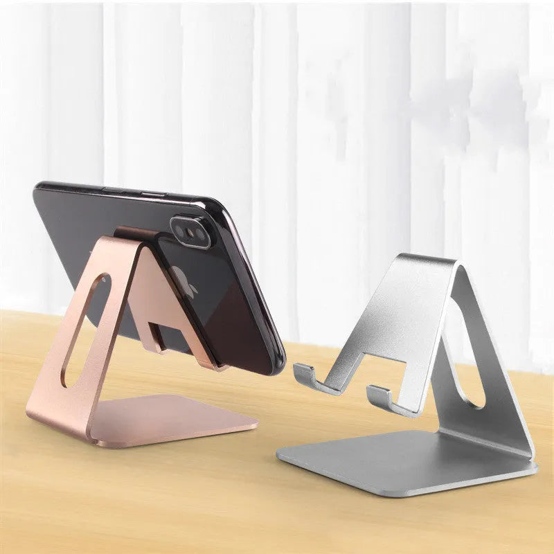 Adjustable metal desktop mobile phone holder in black with oxidation paint finish, compatible with iPhone and all phone brands