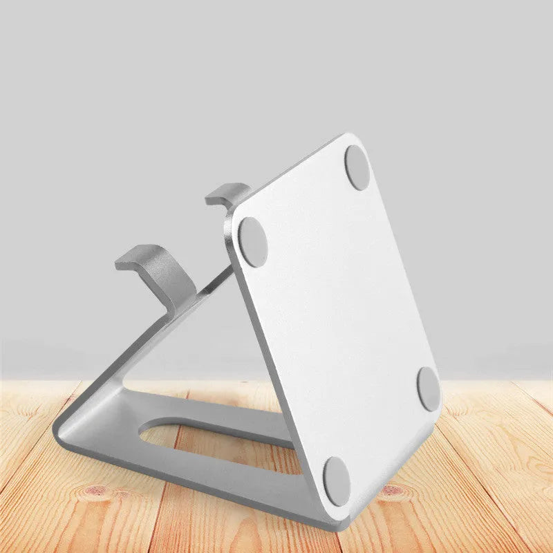 Adjustable metal desktop mobile phone holder in black with oxidation paint finish, compatible with iPhone and all phone brands