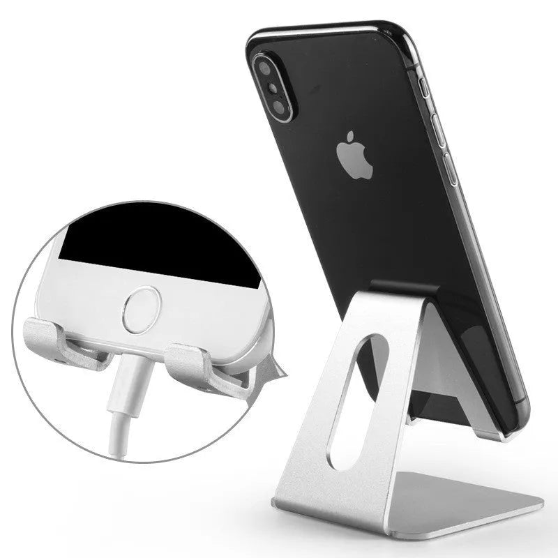 Adjustable metal desktop mobile phone holder in black with oxidation paint finish, compatible with iPhone and all phone brands