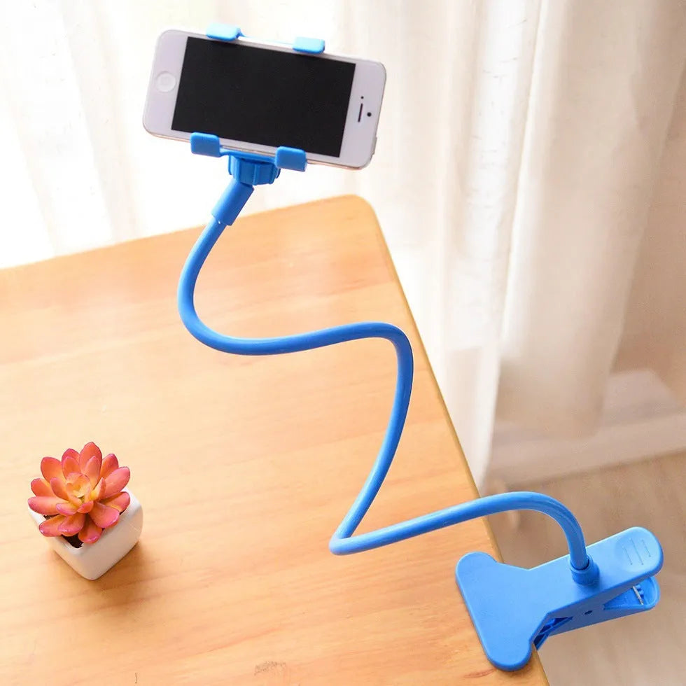 Black portable phone holder with long flexible arm and V-type clip on a desk