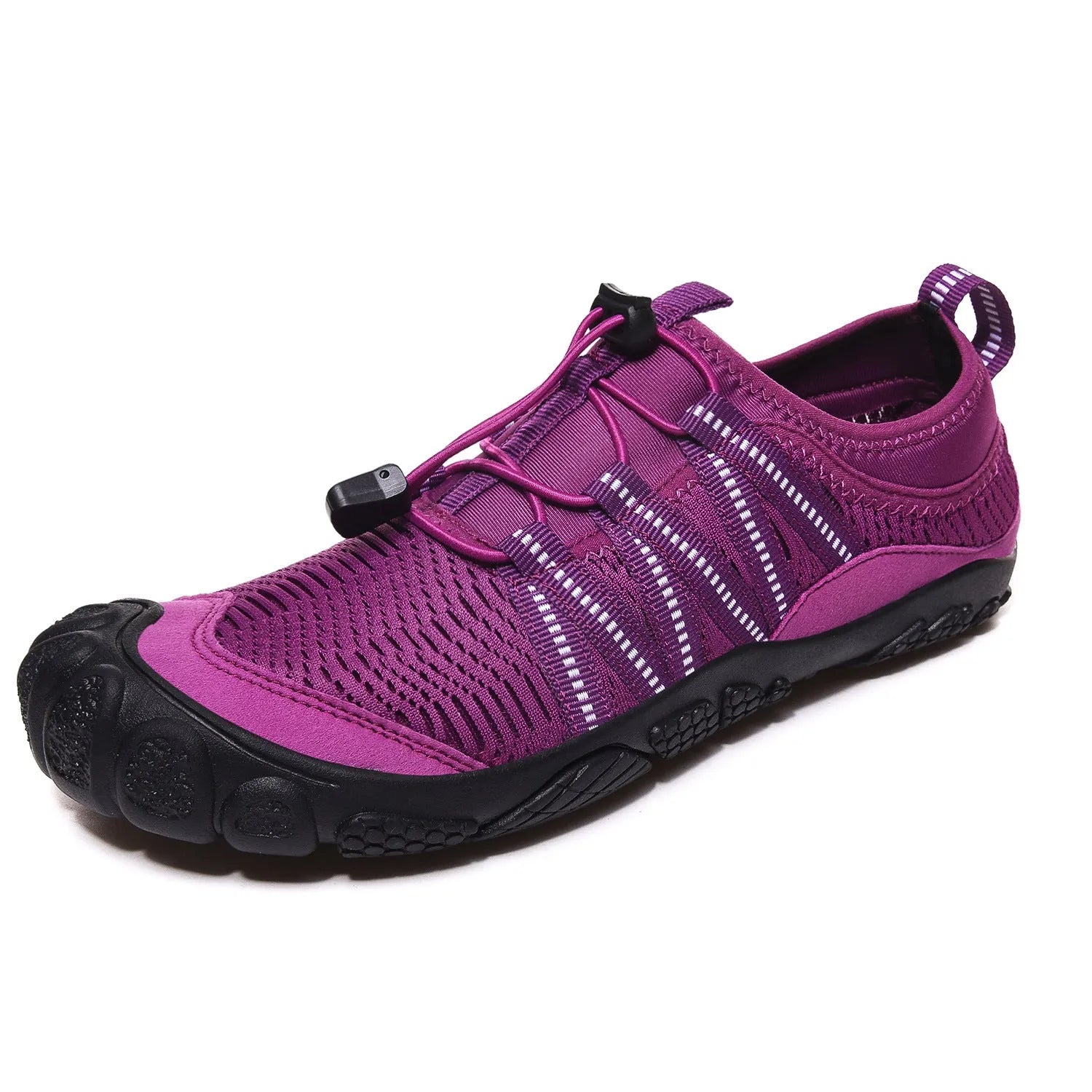 Unisex outdoor river tracing shoes with mesh upper and rubber sole in black, grey, blue, or purple.