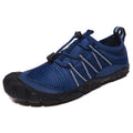Unisex outdoor river tracing shoes with mesh upper and rubber sole in black, grey, blue, or purple.
