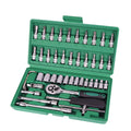 Green plastic case containing a 46-piece metric socket set with ratchet and L-shaped wrench for car repair.