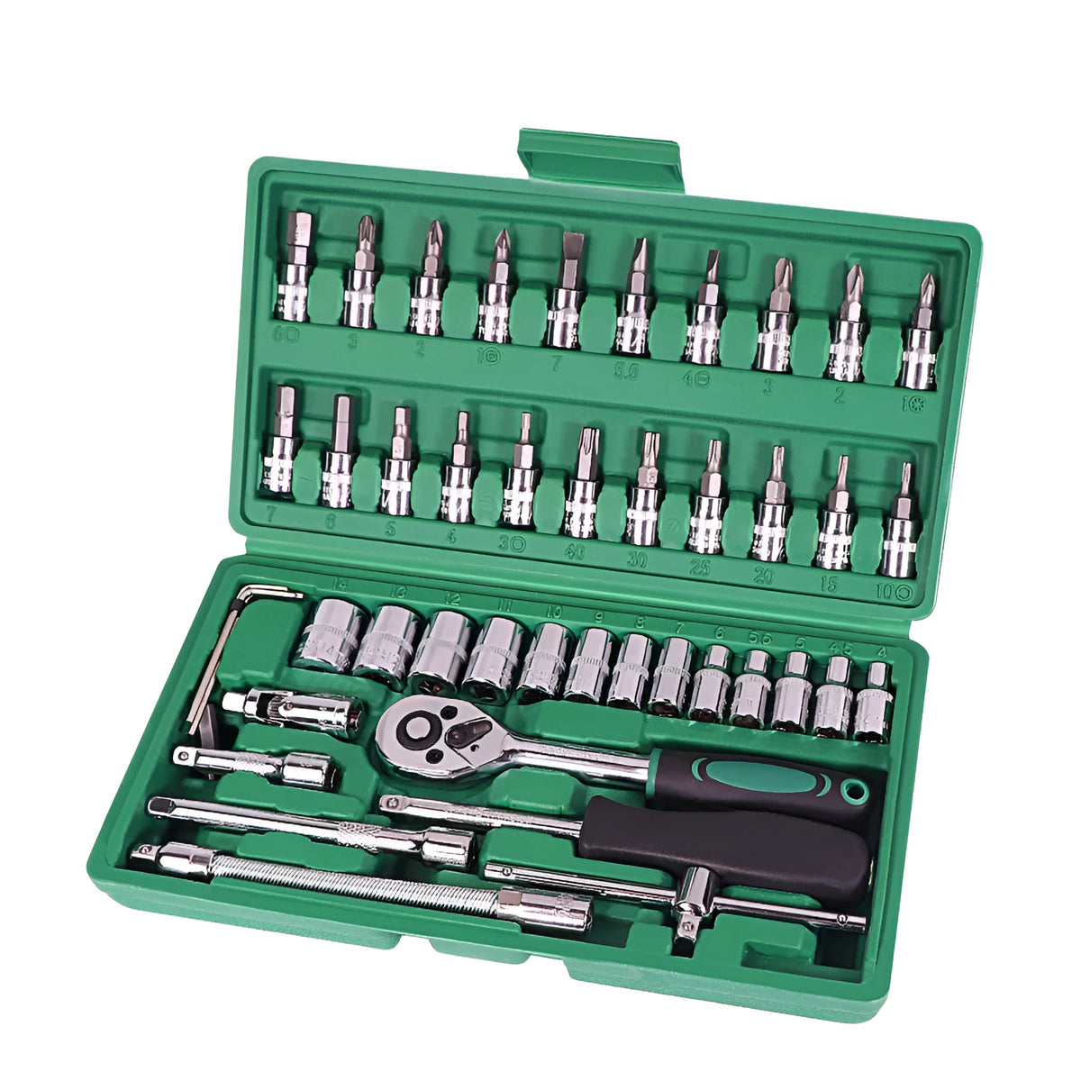 Green plastic case containing a 46-piece metric socket set with ratchet and L-shaped wrench for car repair.