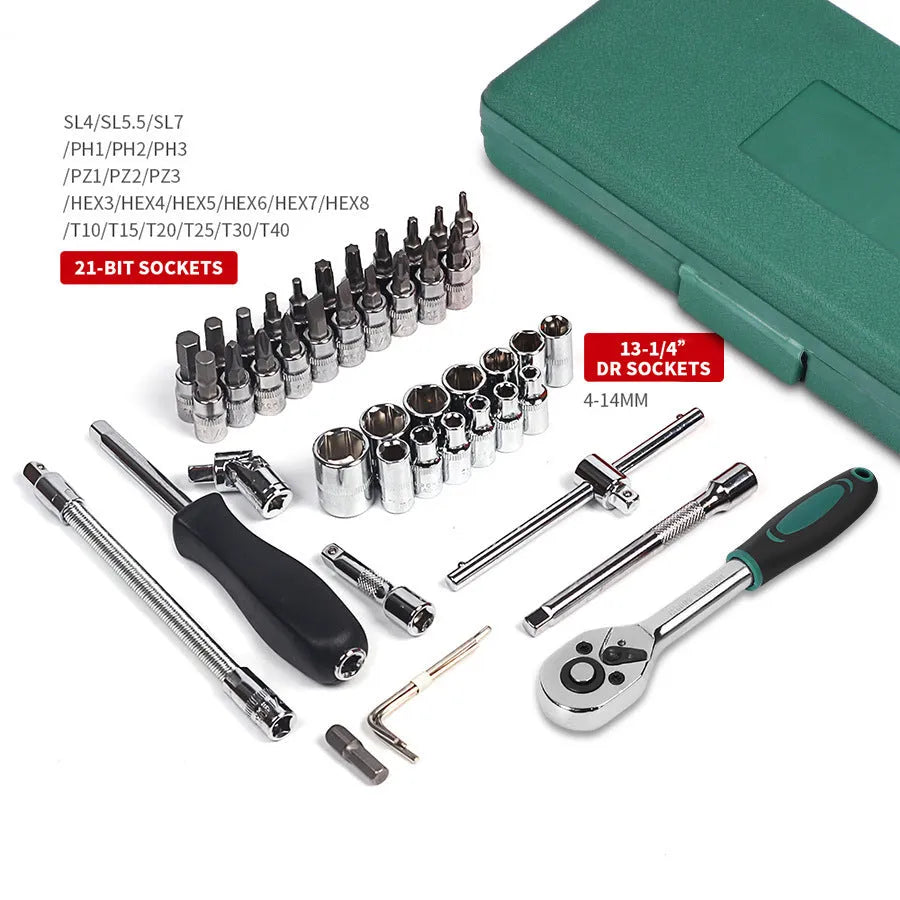 Green plastic case containing a 46-piece metric socket set with ratchet and L-shaped wrench for car repair.