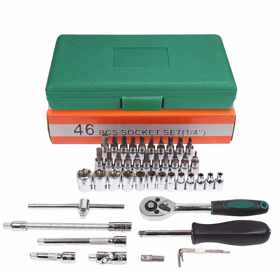 Green plastic case containing a 46-piece metric socket set with ratchet and L-shaped wrench for car repair.