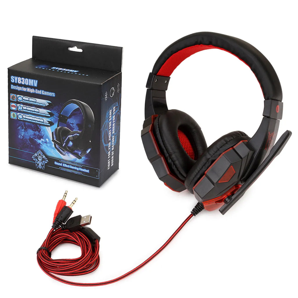 Wired gaming headset with light-up feature, braided cable, and tanned leather earmuffs for PS4 and PC computers