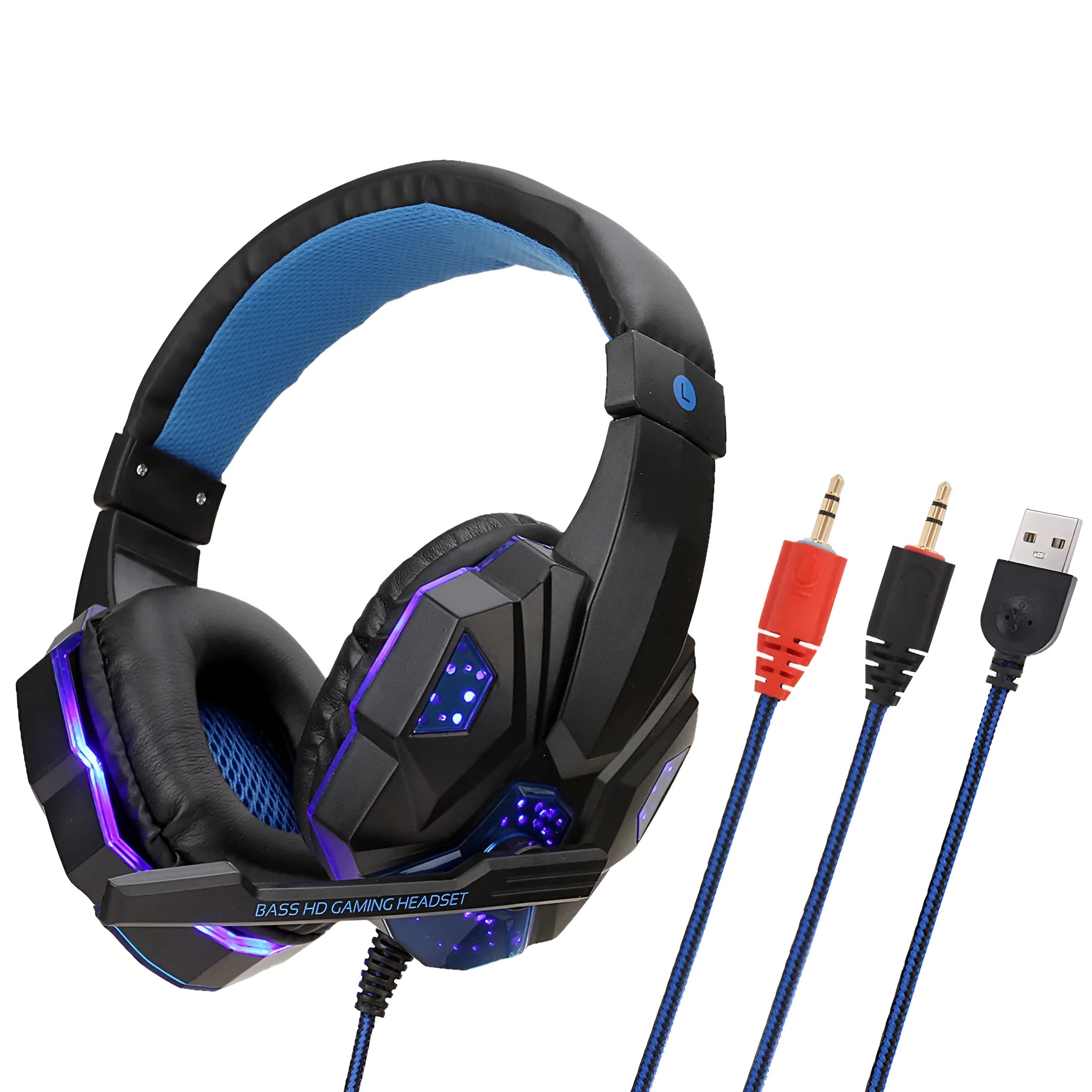Wired gaming headset with light-up feature, braided cable, and tanned leather earmuffs for PS4 and PC computers