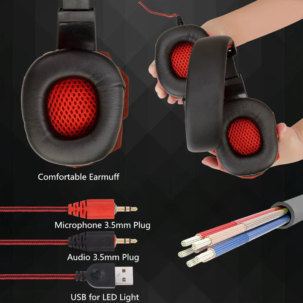 Wired gaming headset with light-up feature, braided cable, and tanned leather earmuffs for PS4 and PC computers