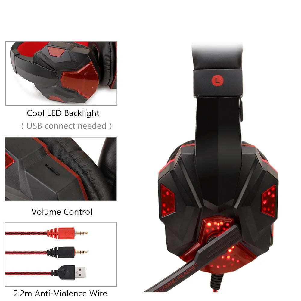Wired gaming headset with light-up feature, braided cable, and tanned leather earmuffs for PS4 and PC computers
