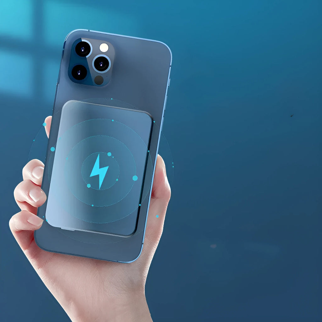 Silver aluminium Apple wireless magnetic charging power bank showing 5000mAh capacity and USB-C port