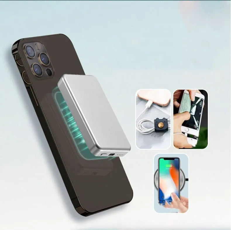 Silver aluminium Apple wireless magnetic charging power bank showing 5000mAh capacity and USB-C port