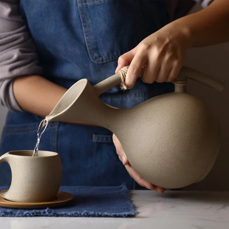 Ceramic cold kettle set with pot, lid, bamboo tray and optional four cups in gift box