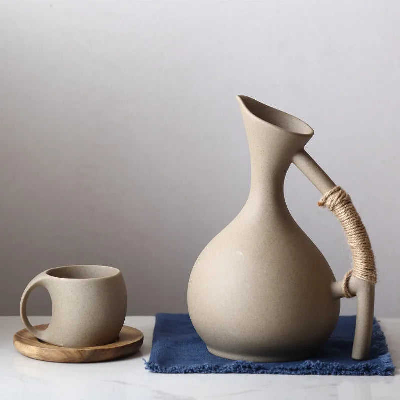 Ceramic cold kettle set with pot, lid, bamboo tray and optional four cups in gift box