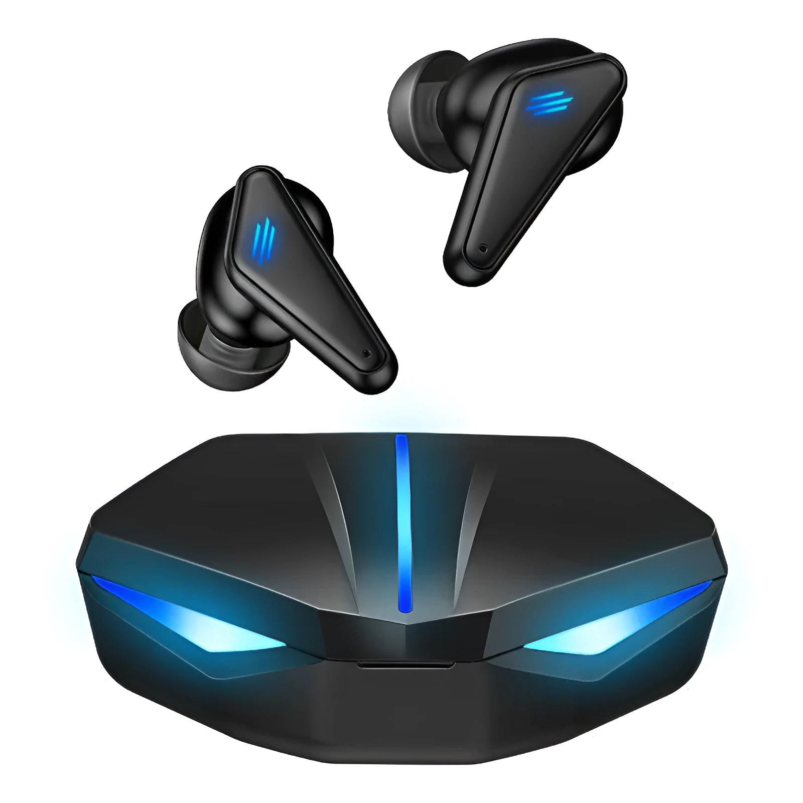 Blue wireless Bluetooth gaming earbuds with bilateral stereo design for mobile gaming