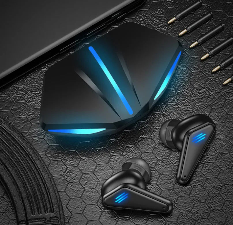 Blue wireless Bluetooth gaming earbuds with bilateral stereo design for mobile gaming