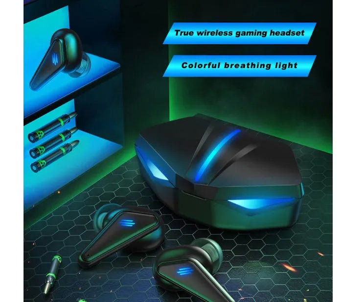 Blue wireless Bluetooth gaming earbuds with bilateral stereo design for mobile gaming