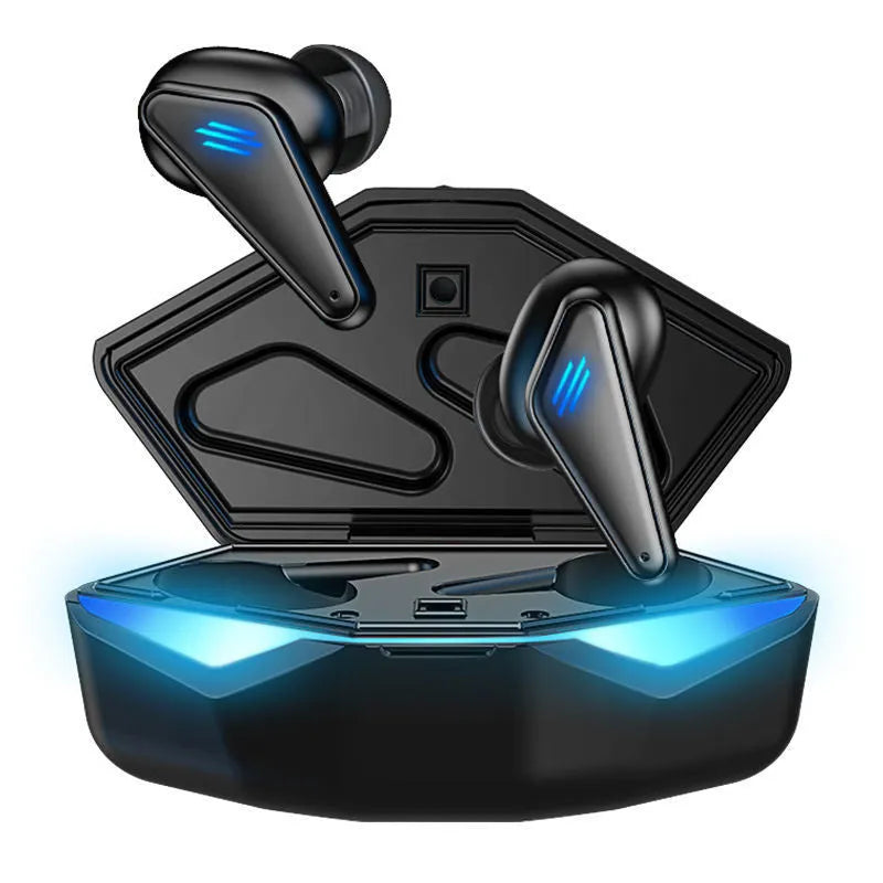 Blue wireless Bluetooth gaming earbuds with bilateral stereo design for mobile gaming