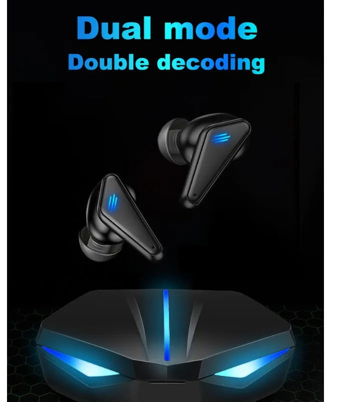 Blue wireless Bluetooth gaming earbuds with bilateral stereo design for mobile gaming