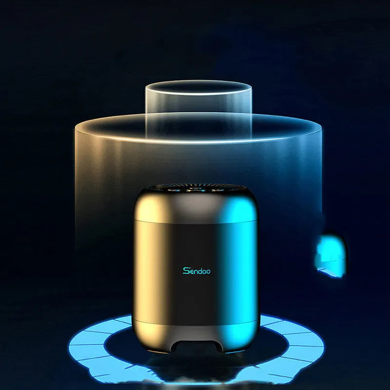 Small black or white portable Bluetooth speaker with card reader slot and USB port.
