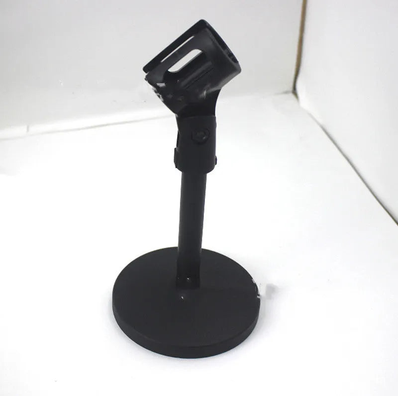 Black metal desktop microphone bracket with triangular base and fixed 22cm height stand